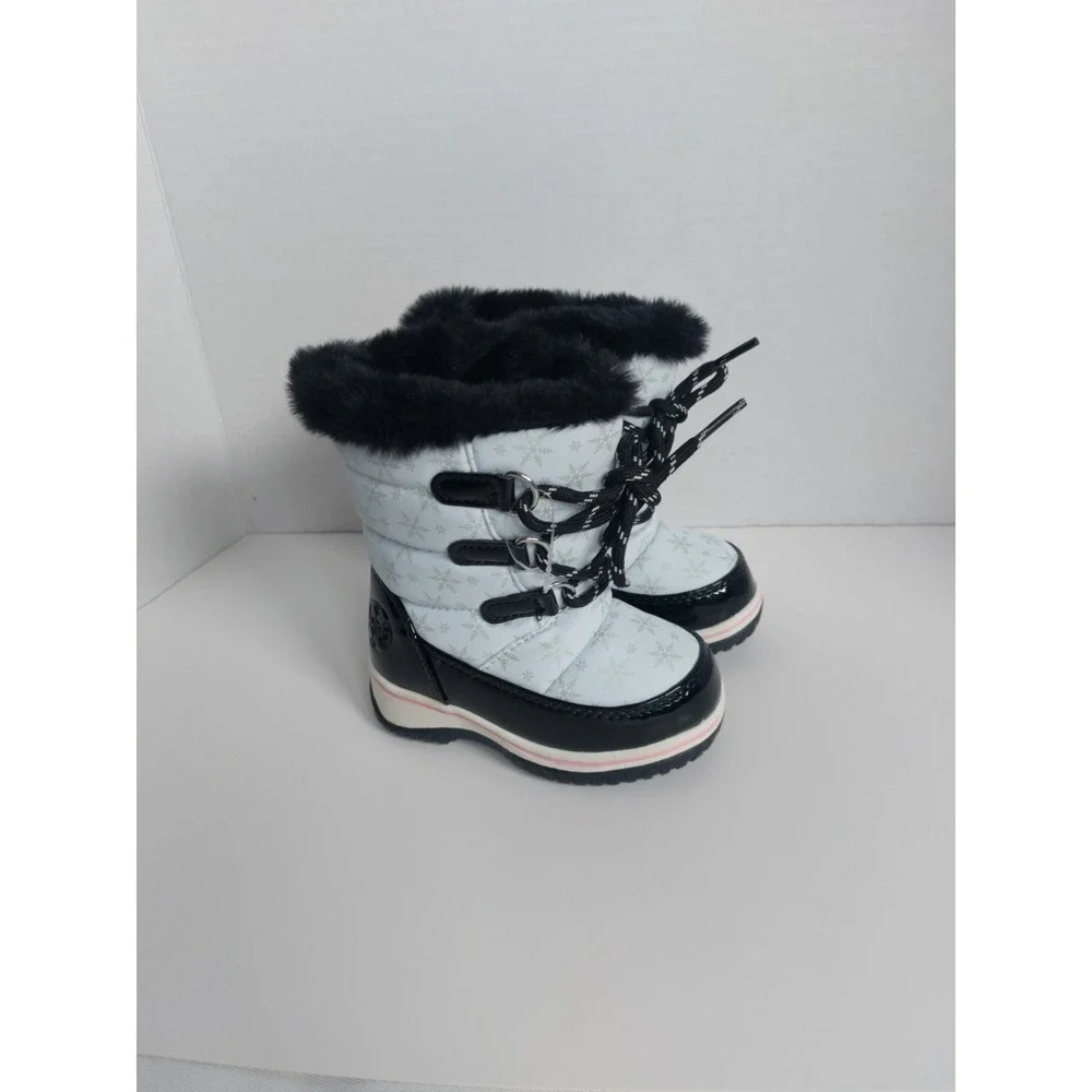 Totes Kids Snow Rain Boots Girls White Black Snow Pattern Lace & zip Size‎ 5